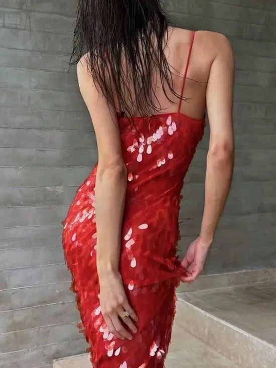 Red Sequin Formal Women's V-Neck Sleeveless Maxi Prom Dress - Picture 2 of 5